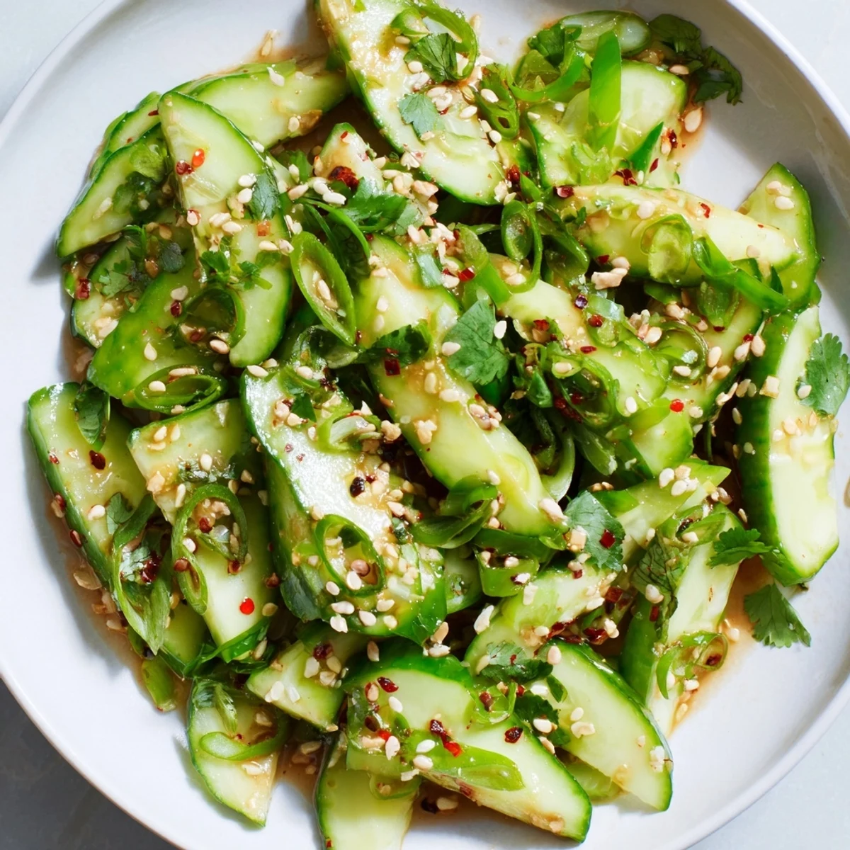 This vibrant Zesty Shake Cucumber Salad showcases fresh green cucumbers with sesame seeds and herbs, ready to serve.