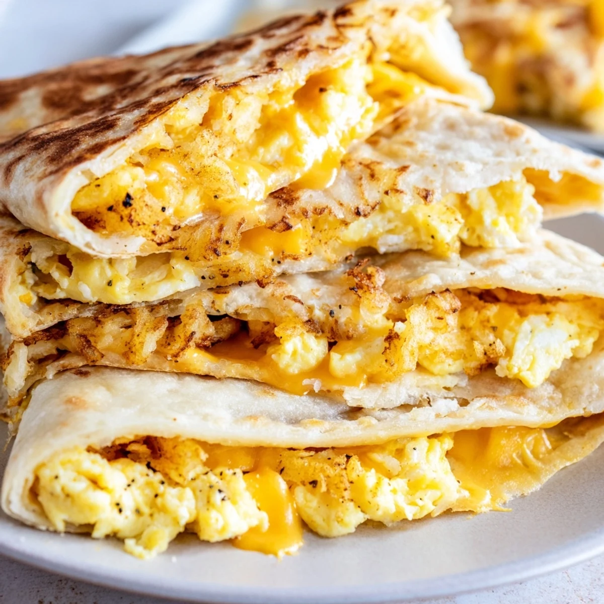 Golden, crispy Breakfast Crunchwrap featuring eggs, cheese, and hash browns, ready to eat!