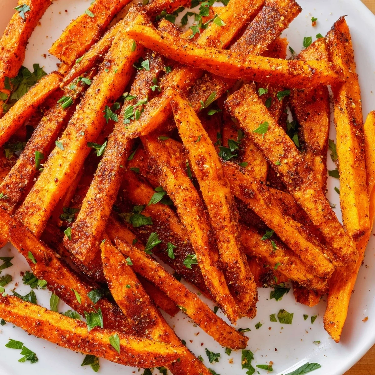 Freshly air-fried Cajun spiced sweet potato fries, sprinkled with herbs, promising a flavorful, golden bite.