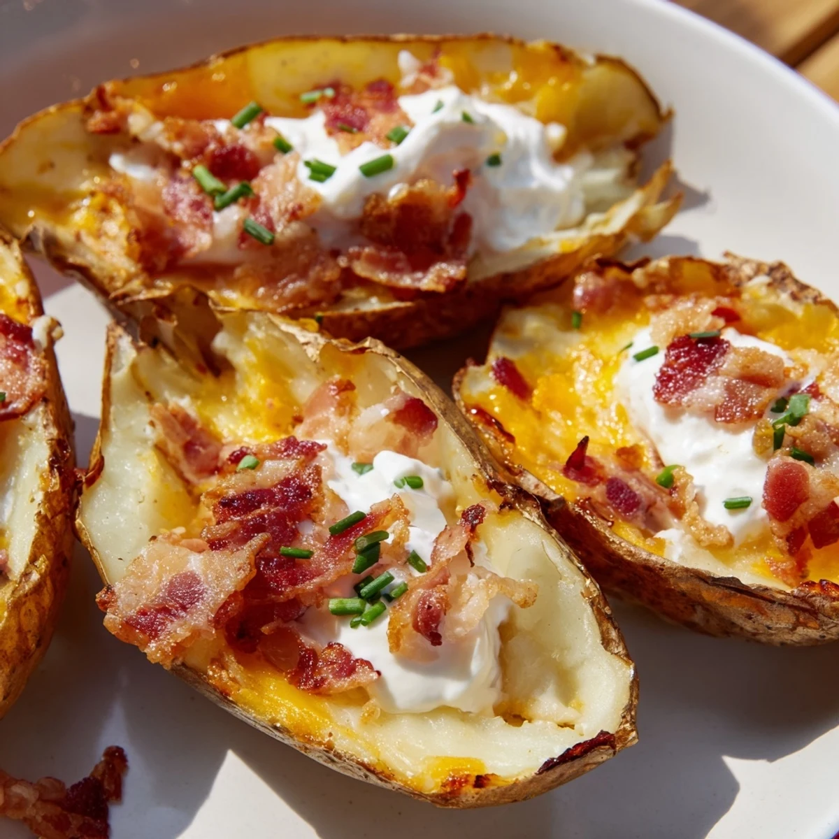 Golden-brown loaded baked potato skins topped with melting cheese and crispy bacon, ready to enjoy.