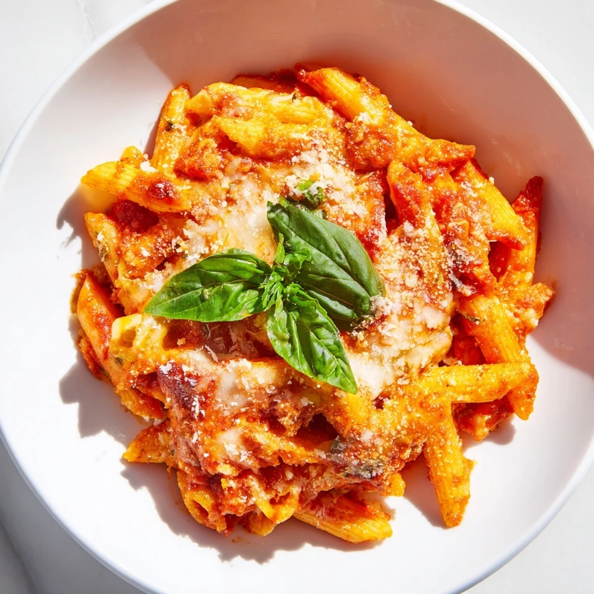 A close-up of cheesy, baked Penne Arrabbiata, garnished with fresh basil, steaming hot from the oven.