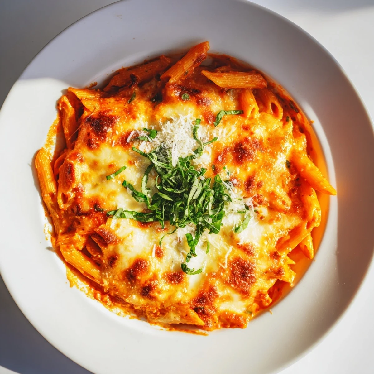 Savory baked Penne Arrabbiata, highlighting the perfectly cooked penne amidst a vibrant sauce with Parmesan topping.