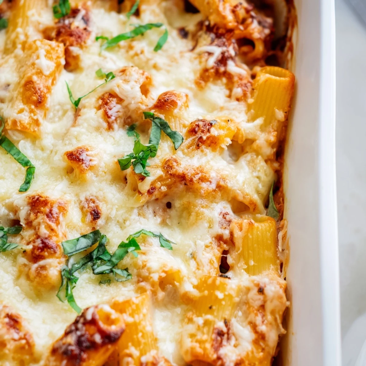 Golden, bubbly Four Cheese Baked Pasta with a crusty top, ready for a comforting family dinner.