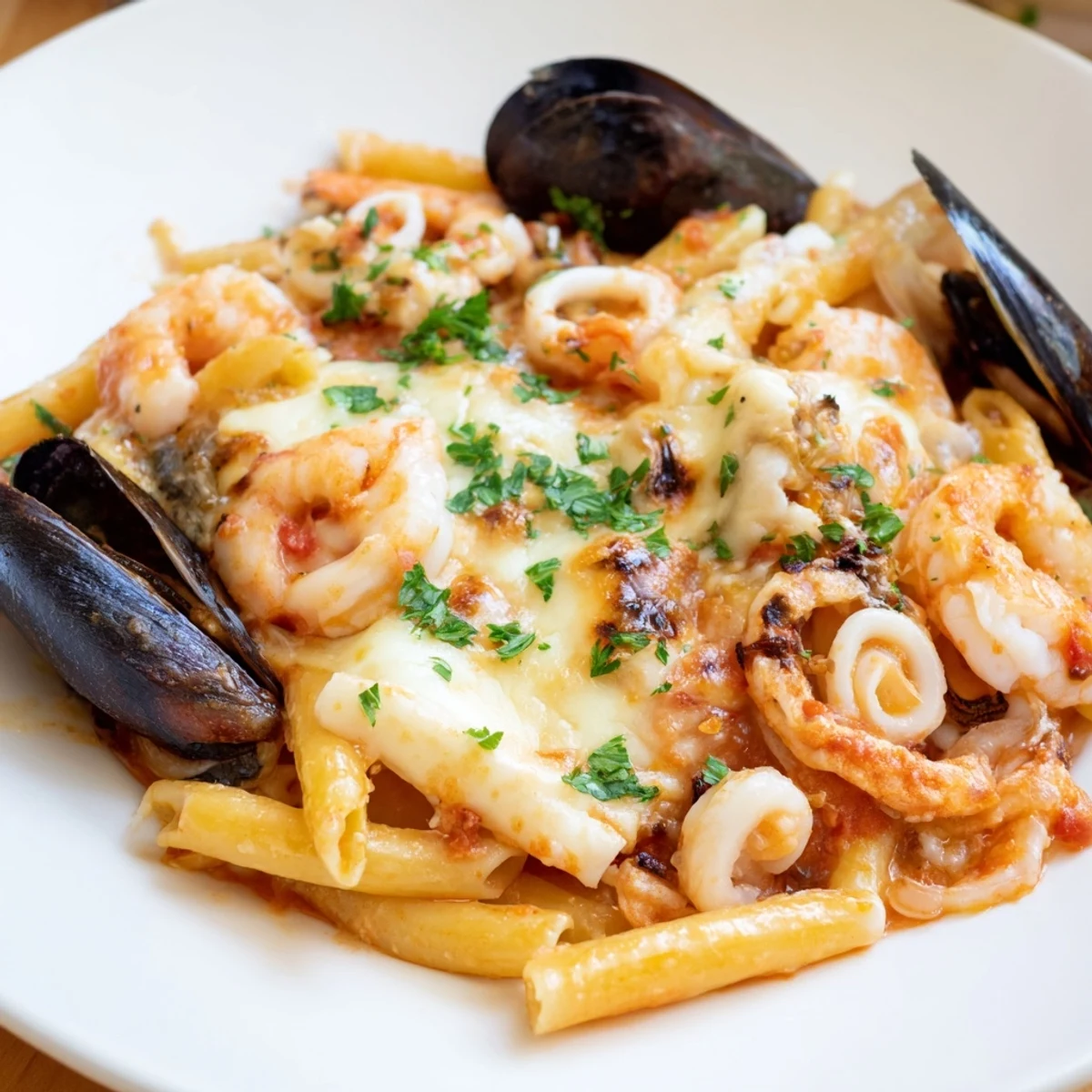 Golden, bubbly Seafood Pasta Bake, featuring tender shrimp, baked in a creamy tomato sauce.