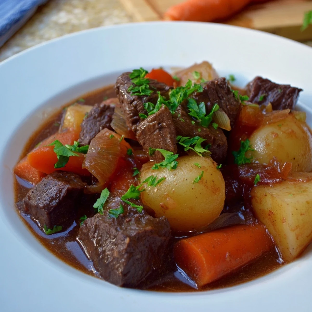 Steaming bowl of Irish beef stew, filled with tender meat and hearty vegetables, ready to eat.