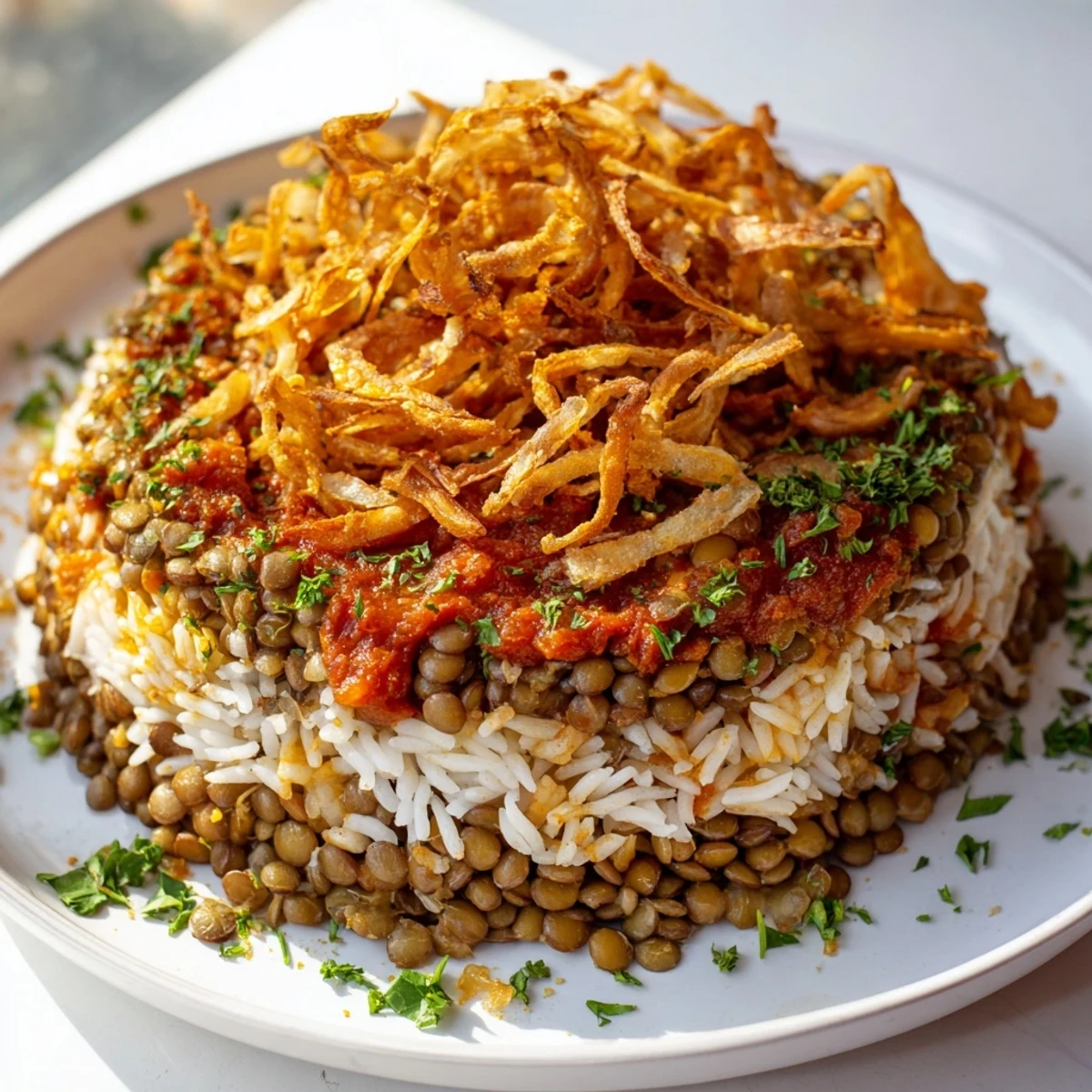 A steaming bowl of Egyptian Koshari, layered with lentils, pasta, and a rich tomato sauce topping.