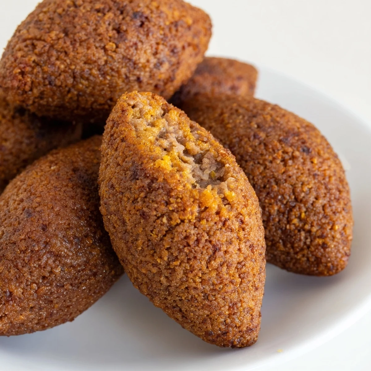 Golden-brown Lebanese Kibbeh, perfectly fried, ready to be enjoyed with a creamy yogurt dip.