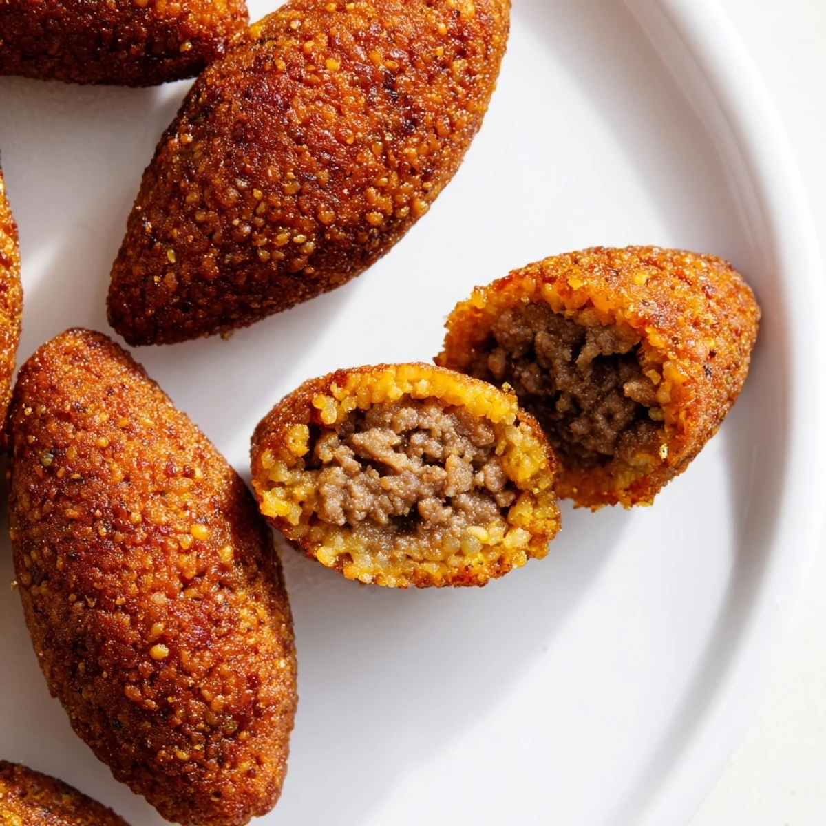 A close-up shot of crispy Lebanese Kibbeh, showcasing the spiced meat and bulgur texture.