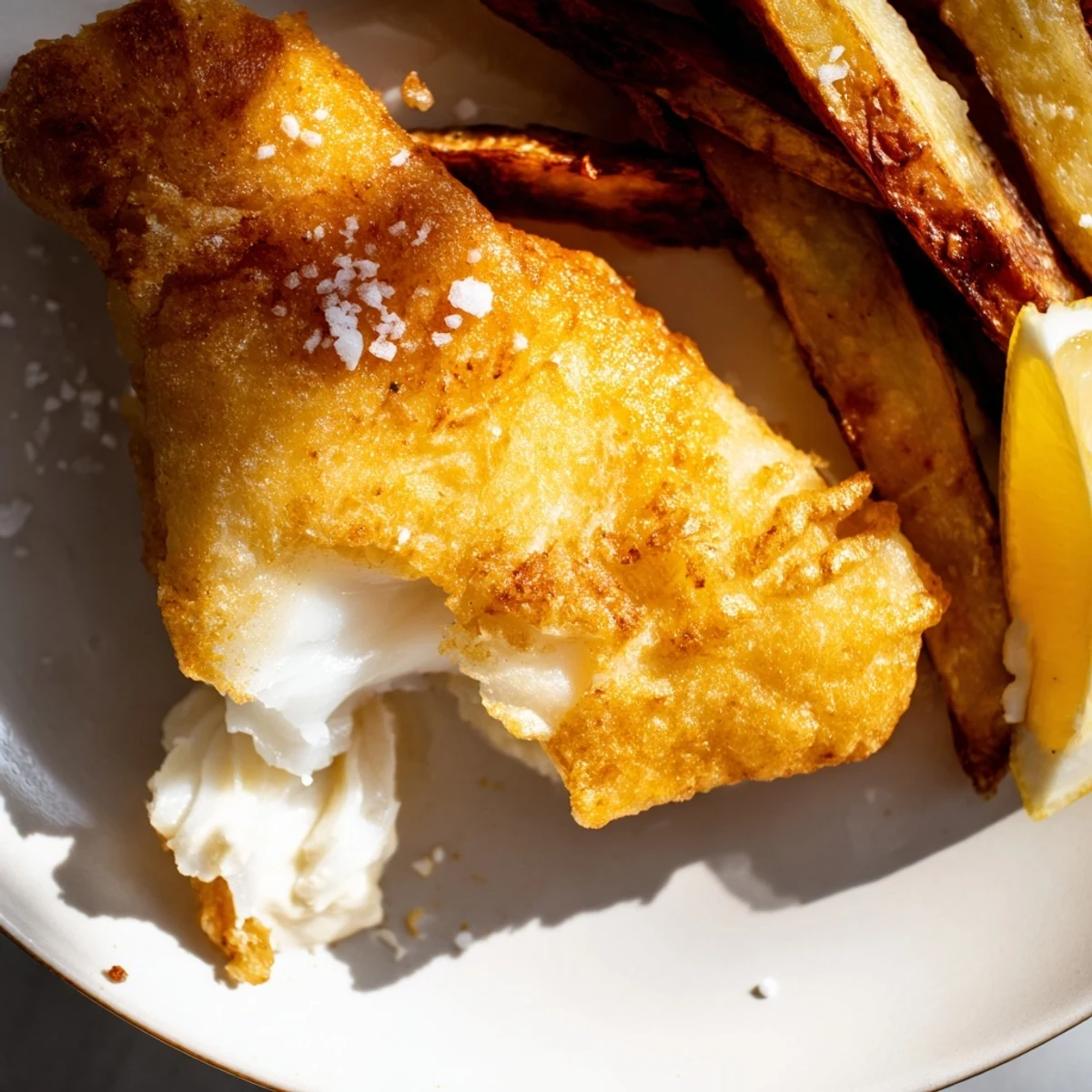 Golden-battered British fish and chips, a classic pub meal, ready to serve with crispy fries.