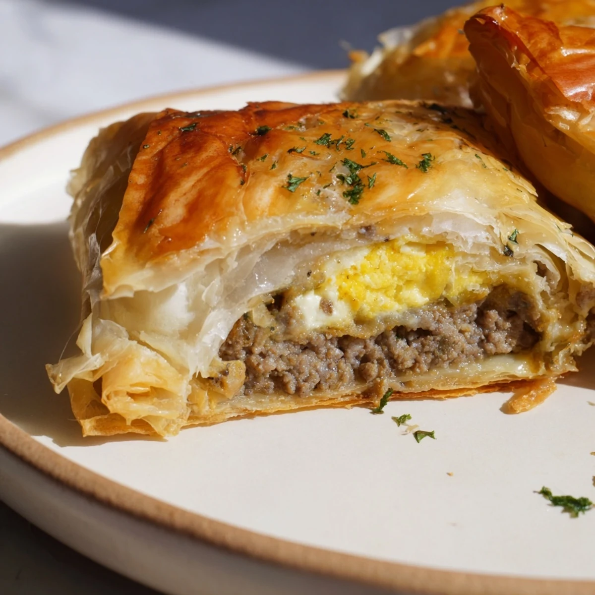 A close-up of a freshly fried Tunisian Brik, offering a delicious, savory street food experience.