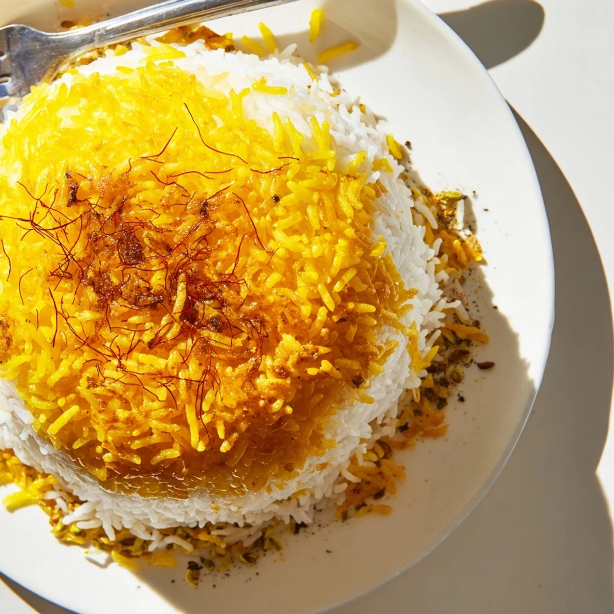 Golden crust of Persian Tahdig rice with fluffy rice, perfect side for a Persian feast.