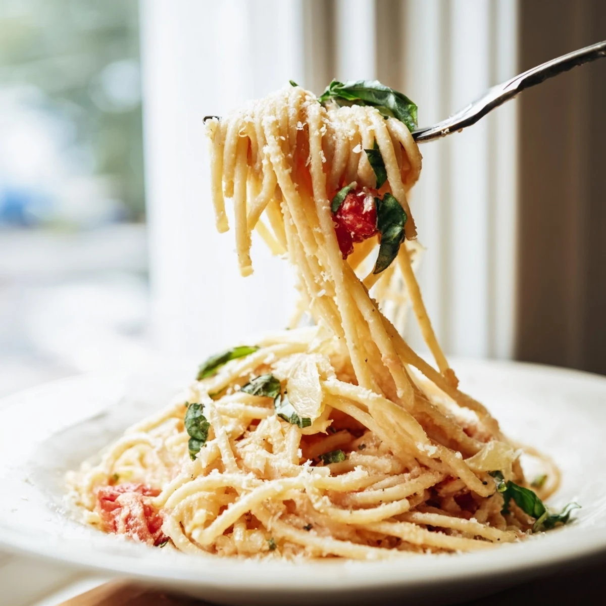 Creamy roasted garlic pasta sauce tossed with linguine, topped with grated Parmesan and a pinch of red pepper flakes.