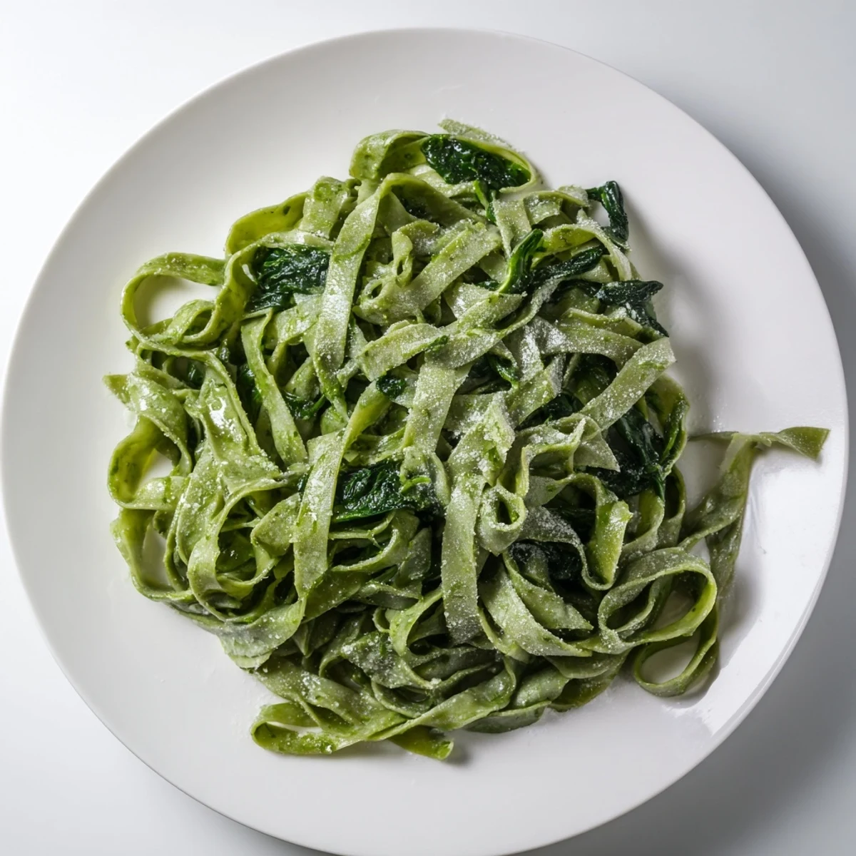 Fresh spinach pasta dough rolled thin, with a vibrant green hue ready for fettuccine or ravioli.