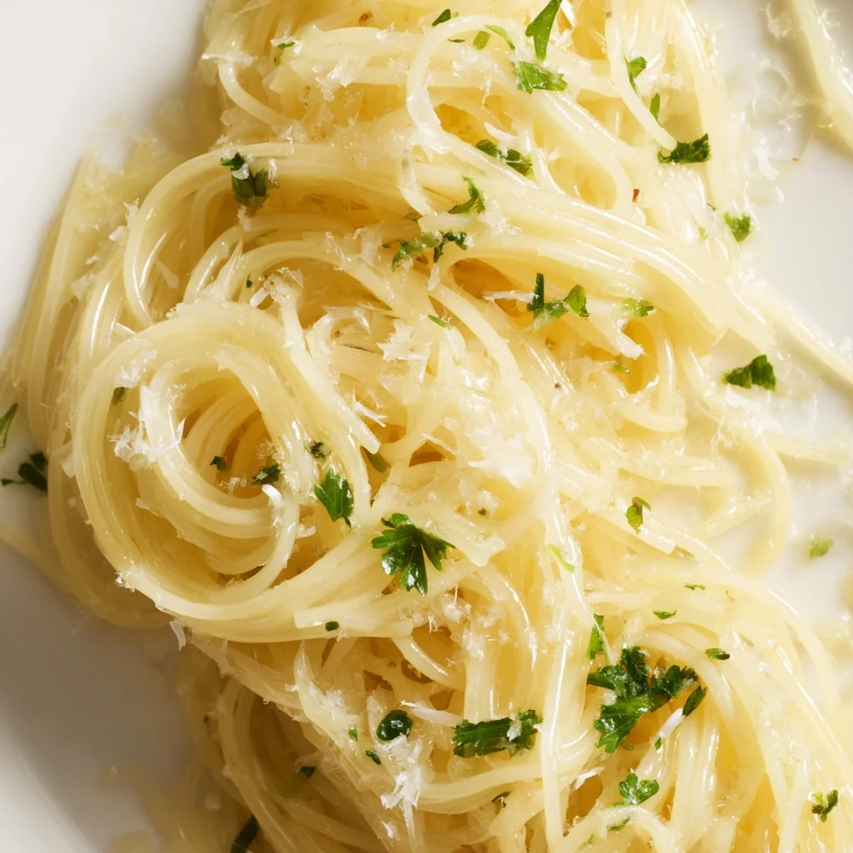 A close-up of Lemon Butter Pasta Light in a white bowl, showcasing its glossy texture and vibrant citrus zest.  