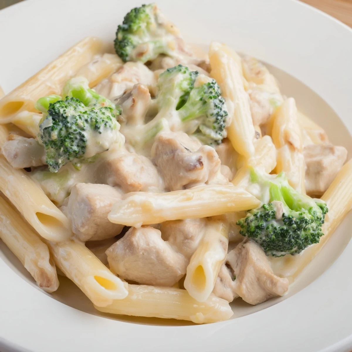 A family-friendly skillet of Chicken Broccoli Cheddar Pasta, steaming with rich cheese sauce and crisp-tender broccoli florets.