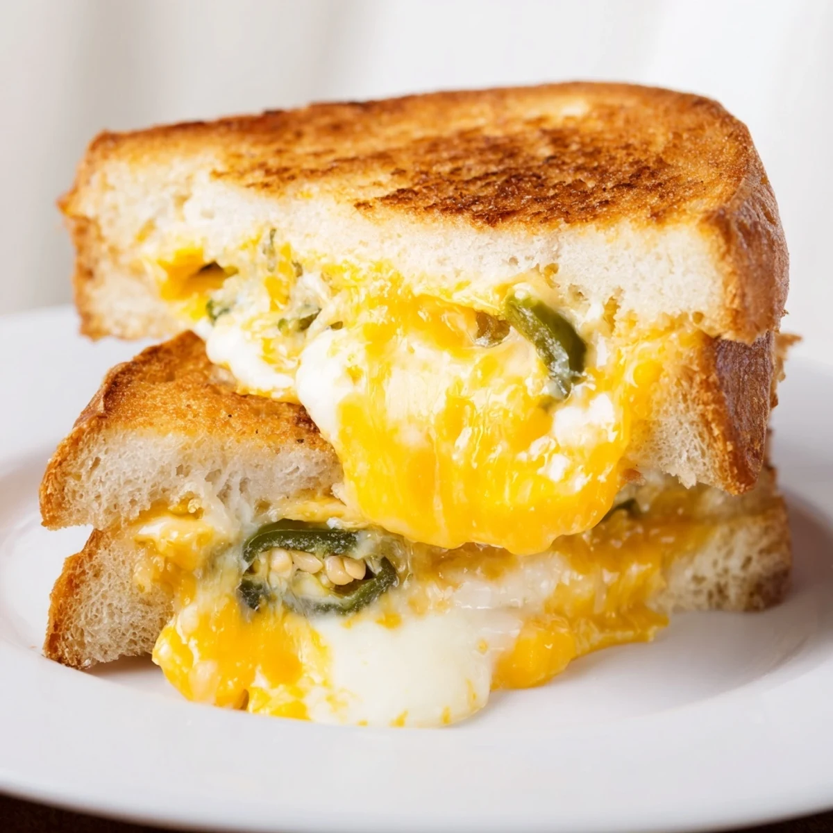 Golden-brown sourdough slices oozing with melted cheddar and cream cheese, studded with fresh jalapeños, showcasing a Jalapeño Popper Grilled Cheese.