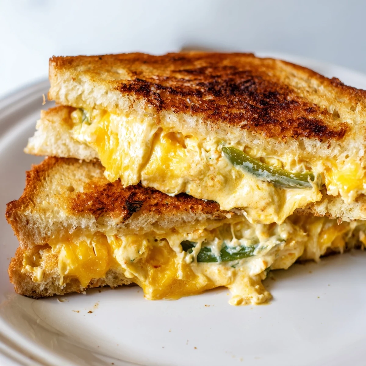 A close-up of a hot Jalapeño Popper Grilled Cheese, with creamy spicy filling dripping out onto a rustic plate next to a bowl of soup.