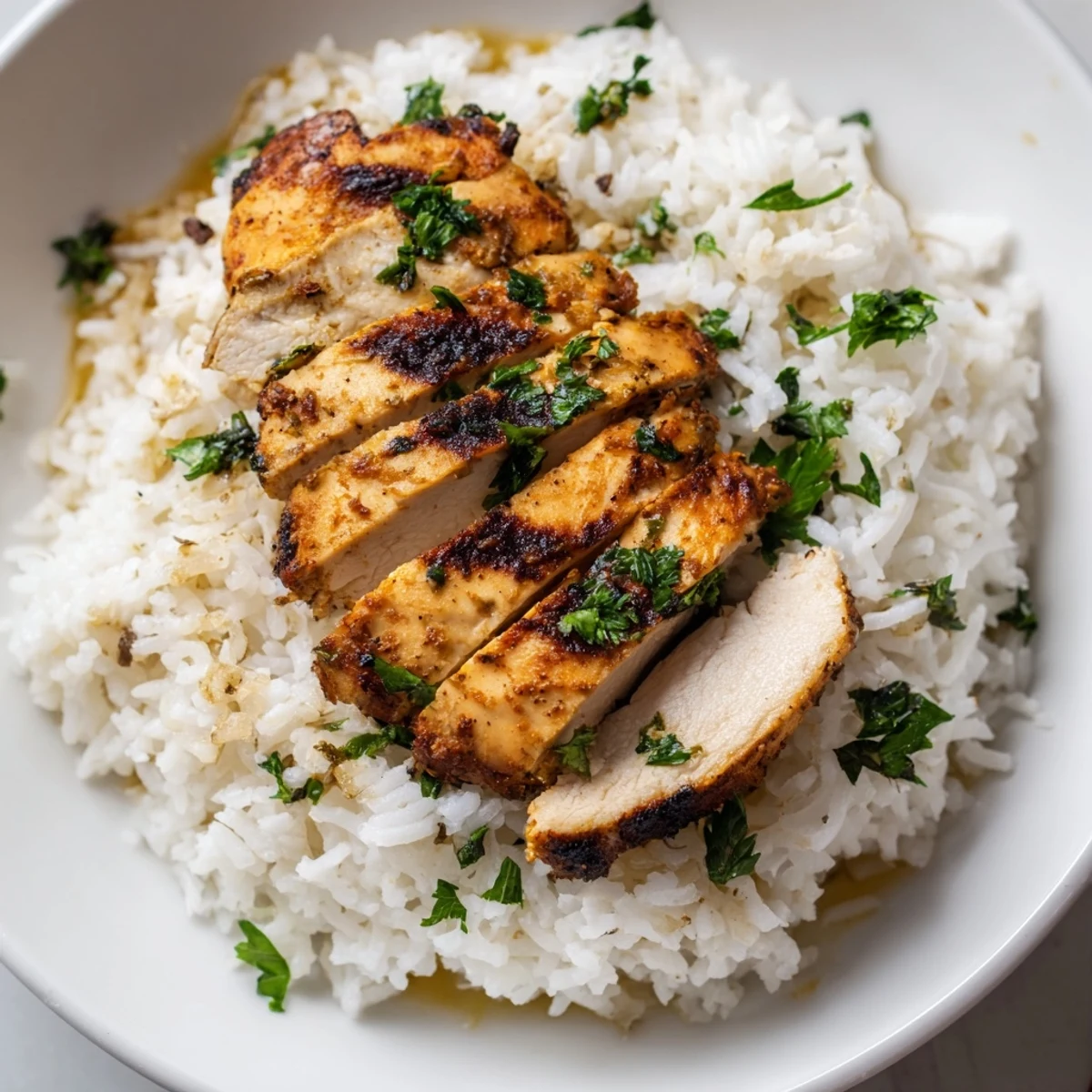 Golden grilled chicken breast slices rest atop fluffy, buttery rice infused with minced garlic and fresh parsley, with a bright lemon wedge on the side.