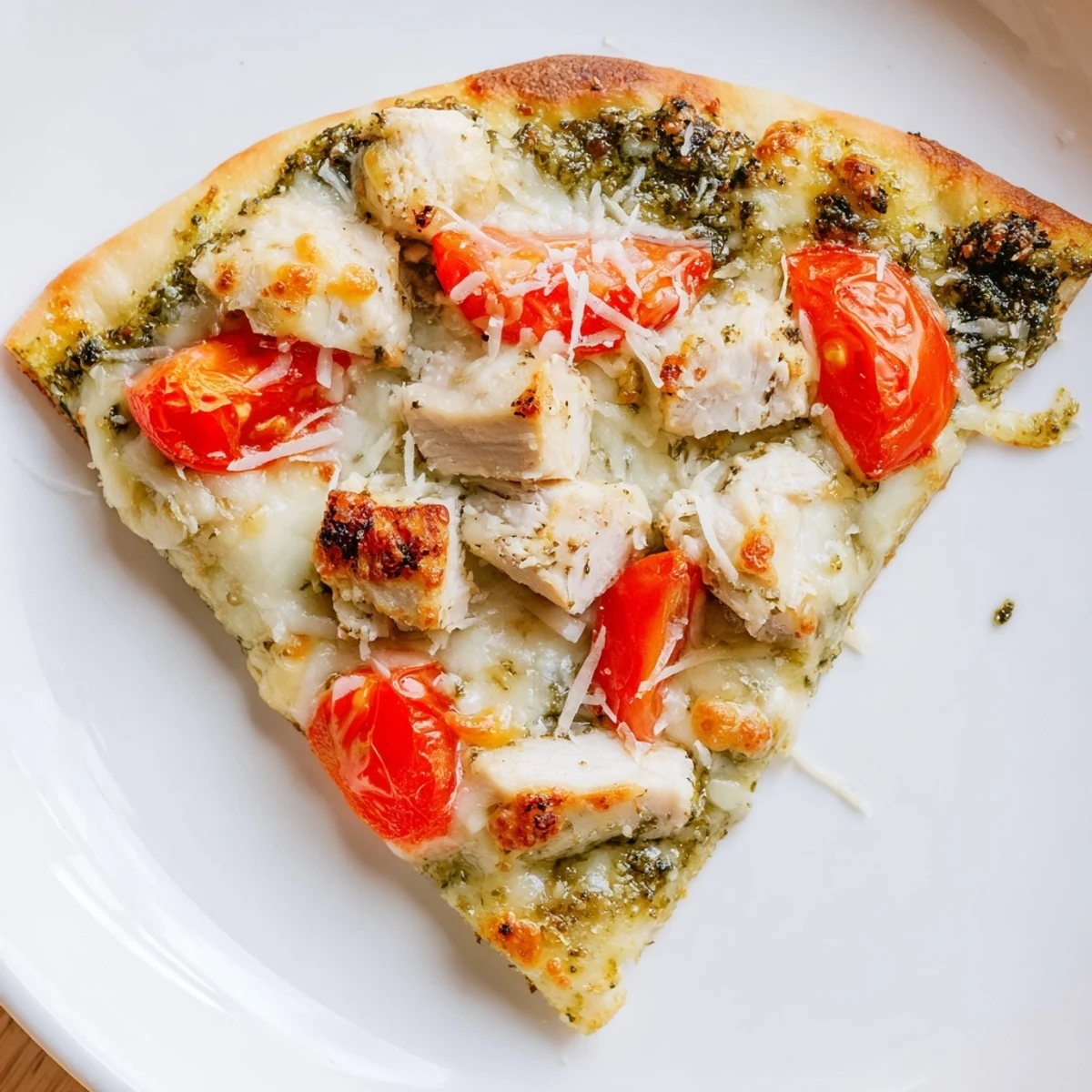 A golden, thin-crust Chicken Pesto Pizza with melted mozzarella and tomato slices.