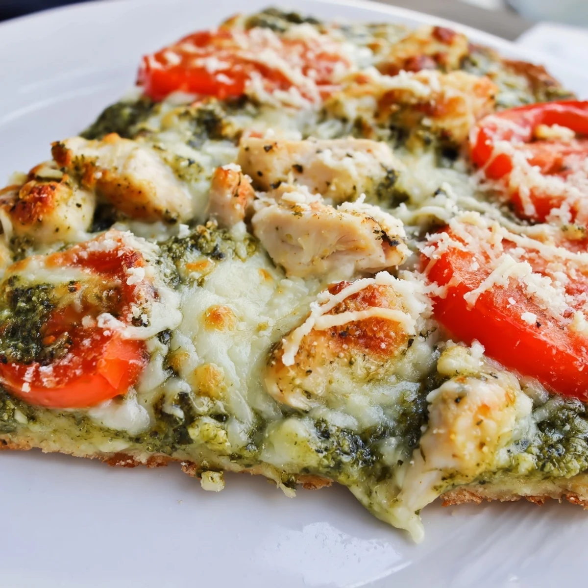 This homemade Chicken Pesto Pizza features fragrant basil pesto and tender chicken on a crisp crust.