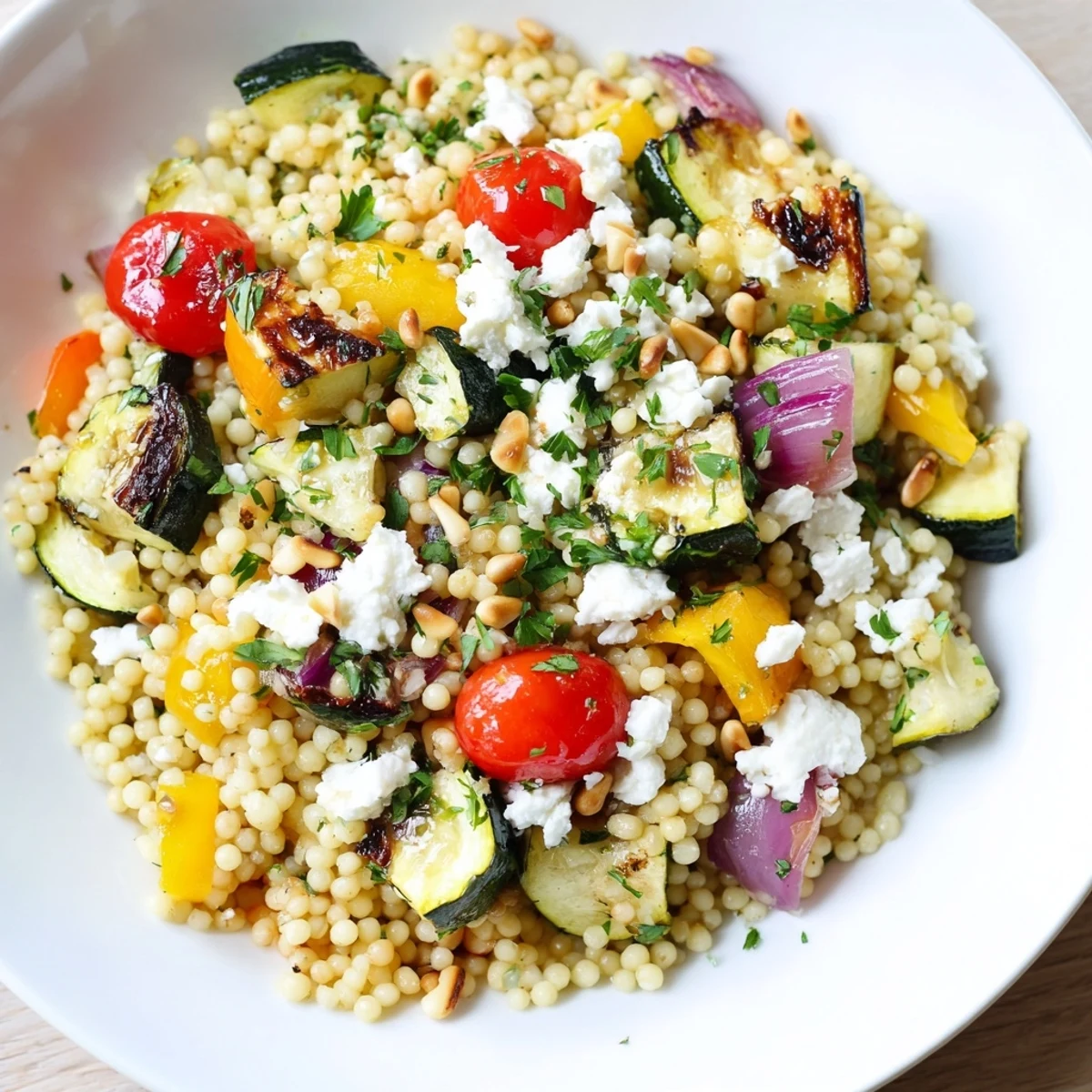 A serving bowl of Roasted Veggie Couscous Salad with warm roasted vegetables, lemon dressing, and toasted pine nuts for a Mediterranean meal.