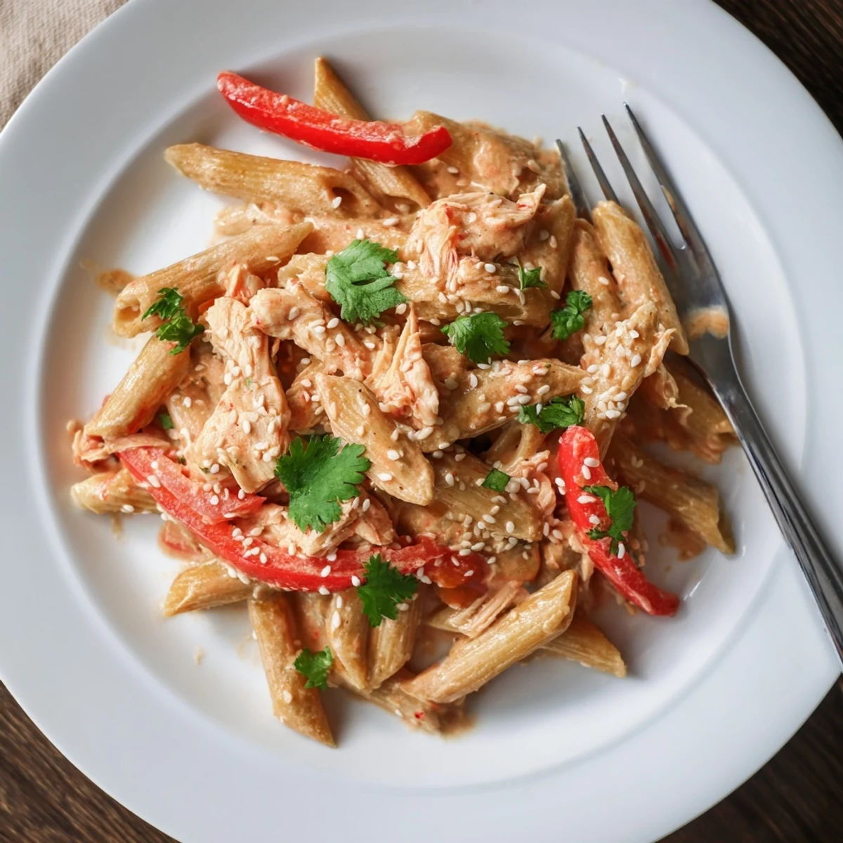 Creamy Sweet Chili Chicken Pasta features golden chicken, penne, and vibrant red bell peppers garnished with fresh green onions.