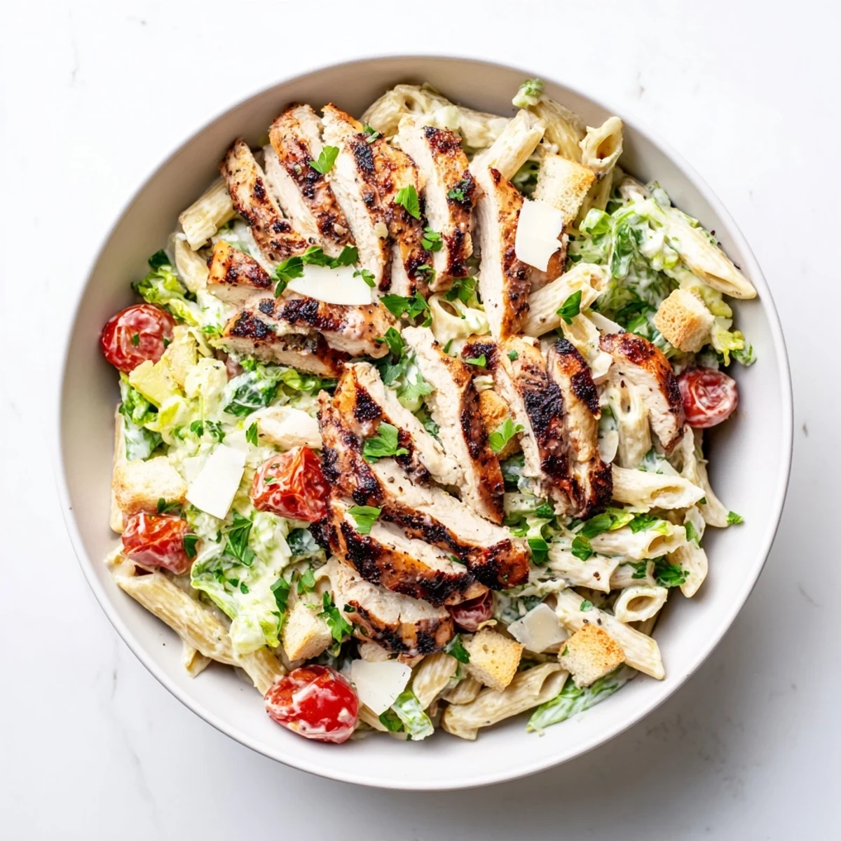 A close-up of Spicy Chicken Caesar Pasta with grilled chicken slices atop creamy pasta, cherry tomatoes, and crisp romaine leaves.