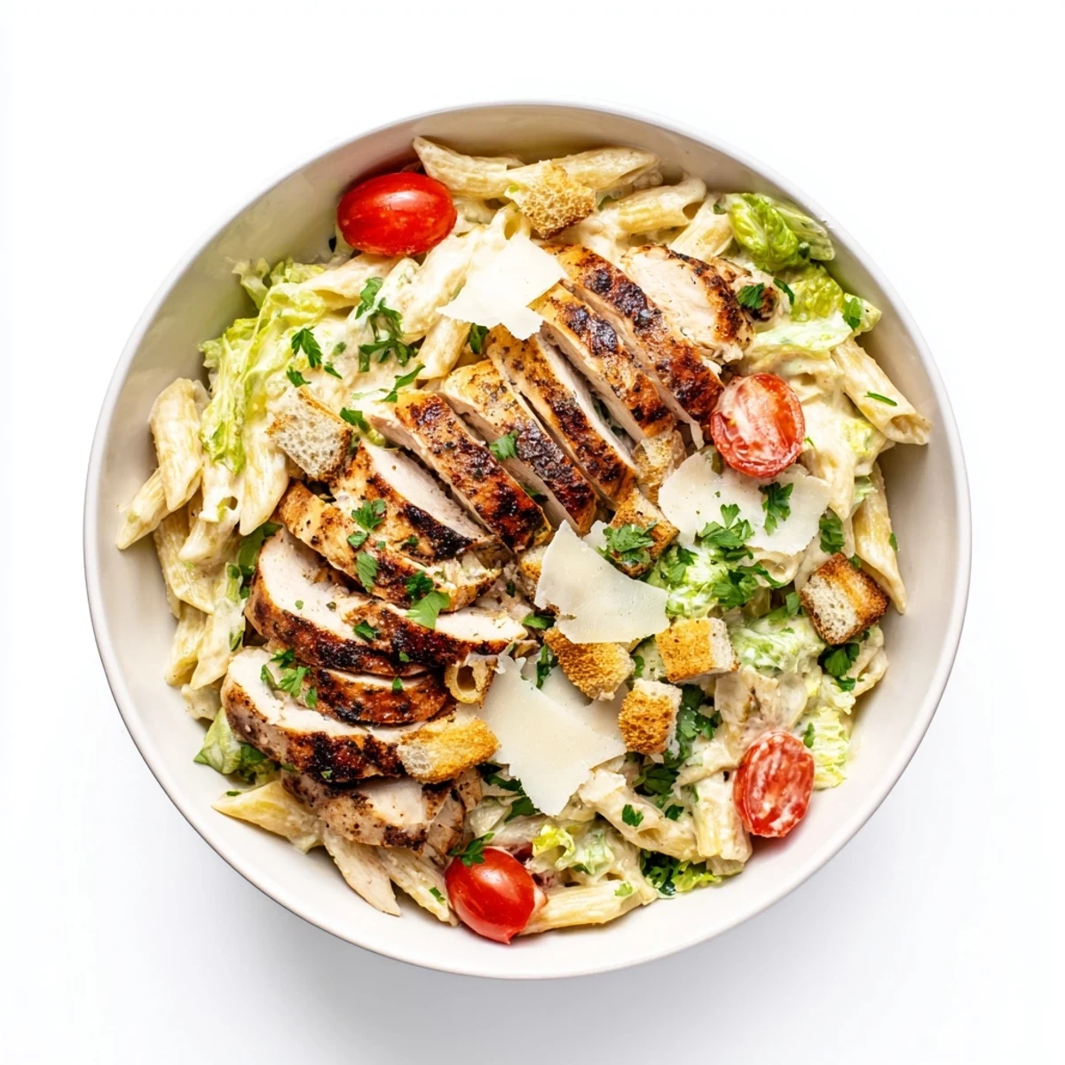 Spicy Chicken Caesar Pasta served in a white bowl, featuring a creamy Caesar dressing and parmesan shavings for a hearty meal.