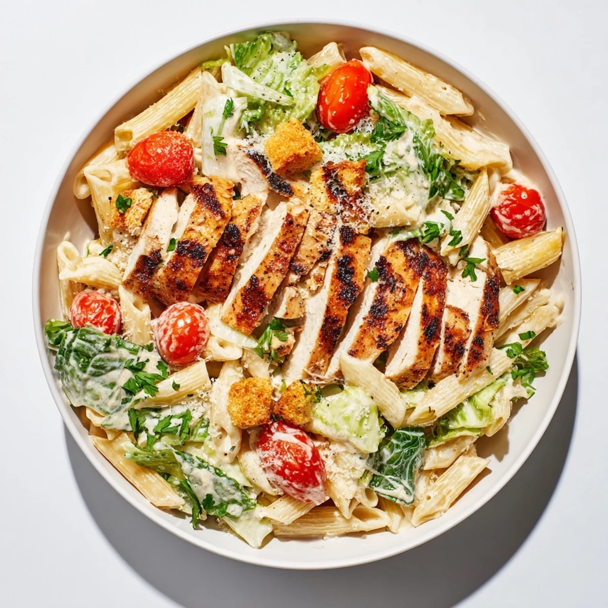 An overhead view of Spicy Chicken Caesar Pasta, mixing penne, spicy grilled chicken, and fresh veggies on a rustic wooden table.