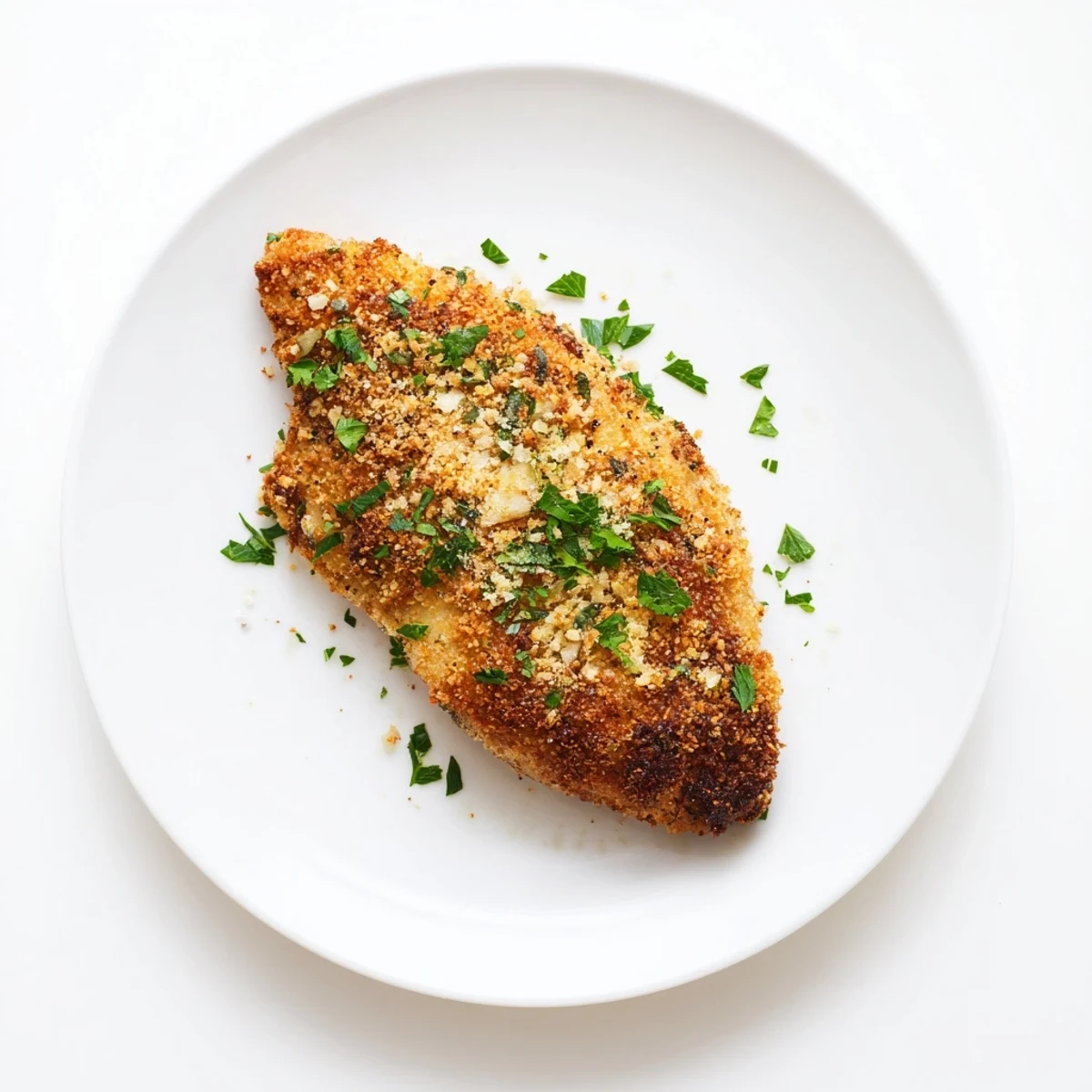 Tender Roasted Garlic Parmesan Chicken served on a plate, garnished with fresh parsley and ready to slice.