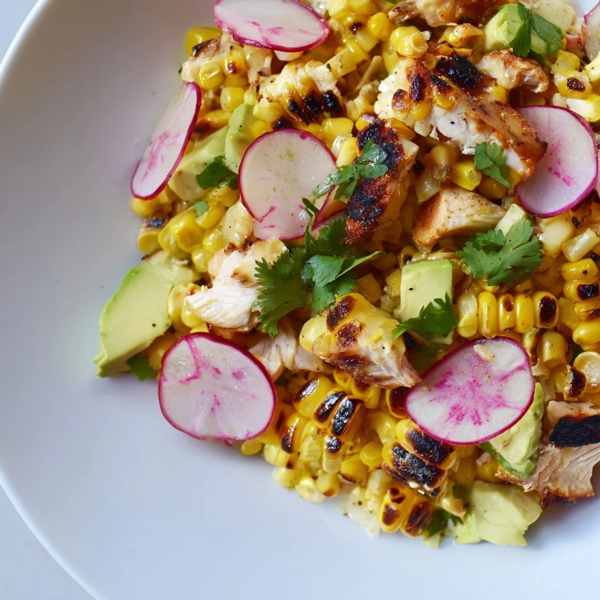 A close-up of Roasted Corn & Chicken Chopped Salad with grilled chicken, creamy avocado, and charred corn on a bed of romaine.