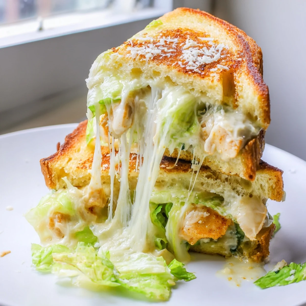 A close-up of a grilled cheese sandwich reveals shredded romaine, creamy Caesar dressing, and tender buffalo chicken between crispy sourdough.  