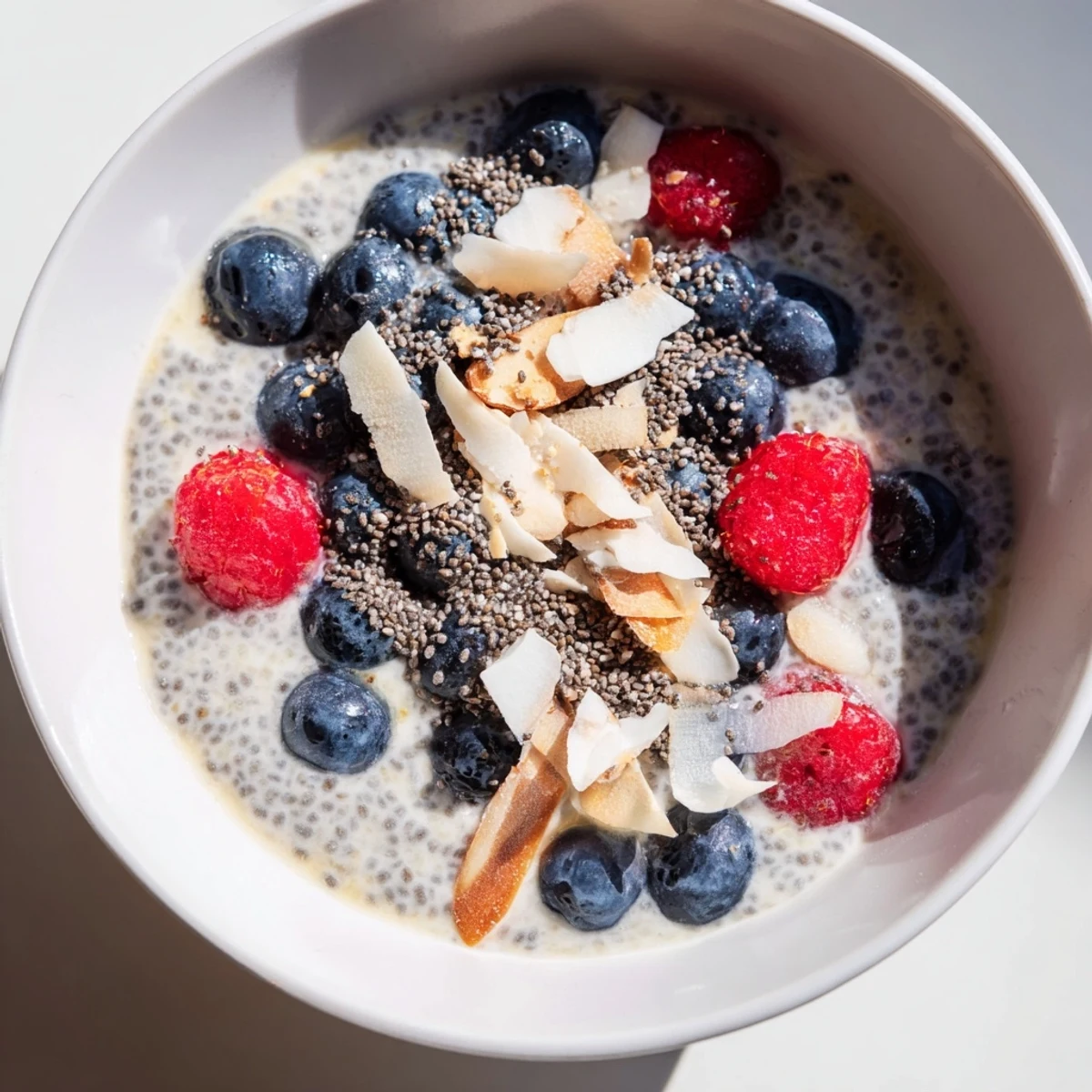 Creamy Poppy Seed Chia Pudding in a glass jar, topped with fresh berries, toasted almonds, and a sprinkle of coconut.