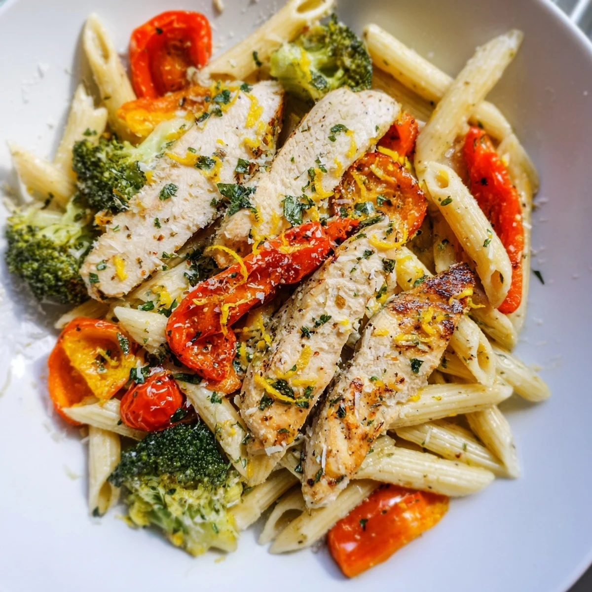 Garlic Herb Chicken & Veg Pasta served in a white bowl, garnished with fresh parsley and grated Parmesan cheese.