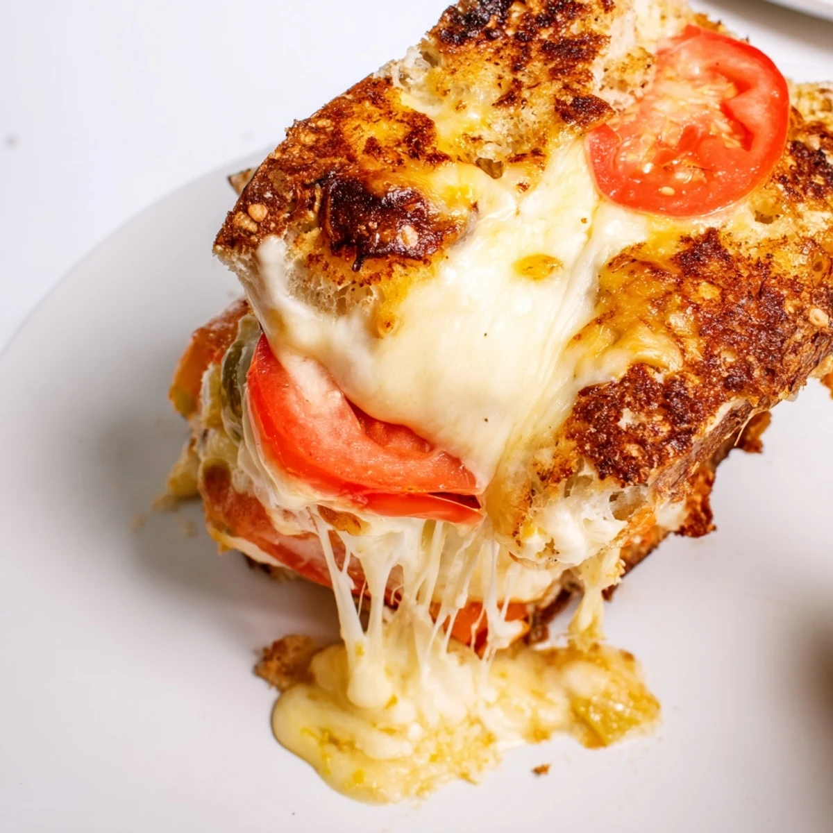 Pepper Jack & Tomato Grilled Cheese sliced diagonally on a white plate, steam rising from the melted interior beside a small bowl of tomato soup.