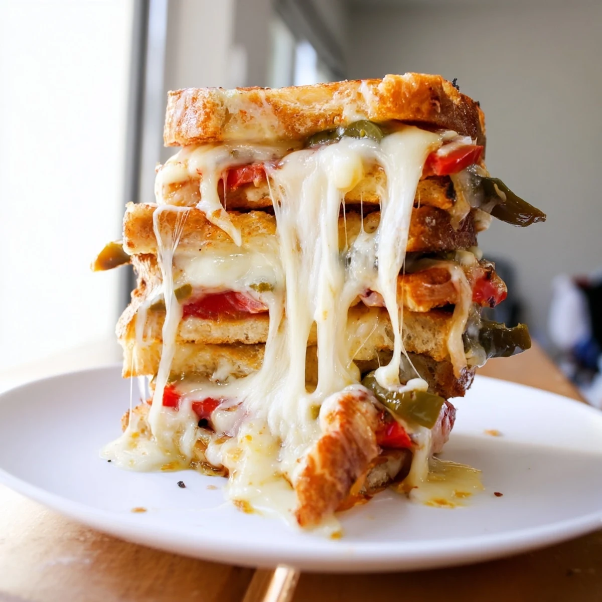 Close-up of Pepper Jack & Tomato Grilled Cheese on a checkered napkin, showcasing gooey pepper jack and vibrant tomatoes against a rustic wooden board.