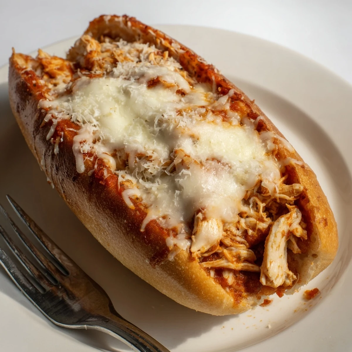 A close-up of golden-baked Chicken Parm Stuffed Garlic Bread boats, with gooey mozzarella and Parmesan bubbling over melted butter and fresh herbs.  