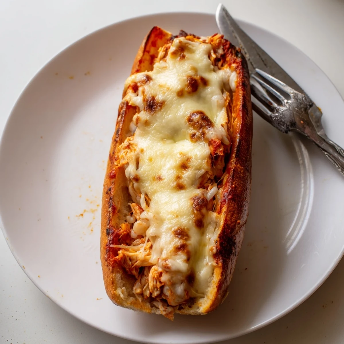 Hearty slice of Chicken Parm Stuffed Garlic Bread showing layers of savory chicken, rich marinara, and golden, bubbly cheese on a rustic board.