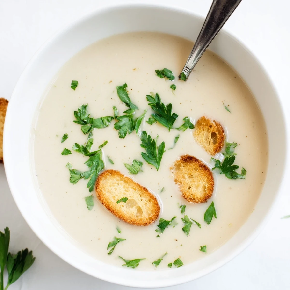 Velvety roasted garlic soup with golden roasted garlic cloves, simmered in a rich vegetable broth.  
