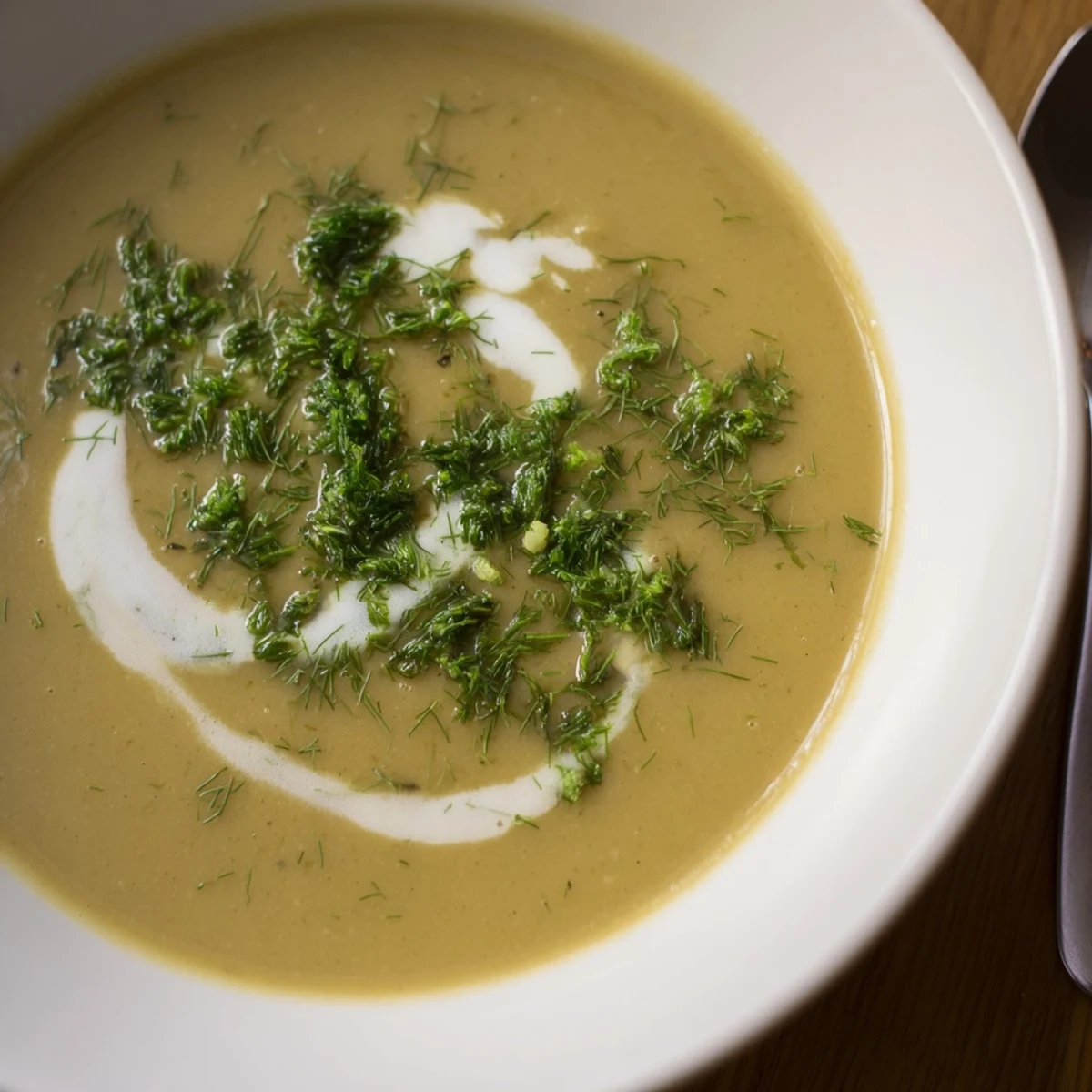 Golden roasted parsnips blended into a velvety, creamy Parsnip and Herb Soup garnished with fresh herbs.  
