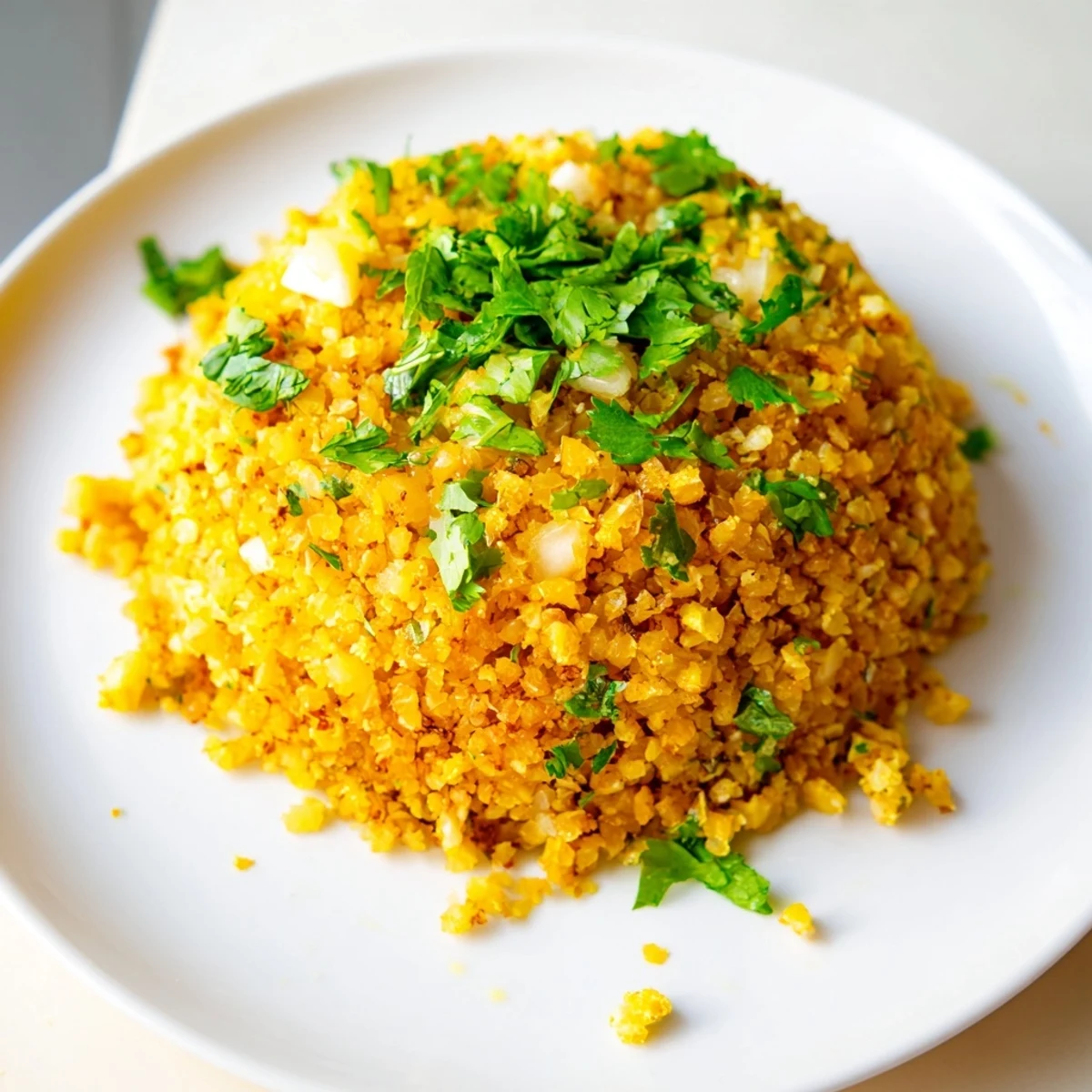 Golden turmeric cauliflower rice, a vibrant and flavorful healthy side dish option.