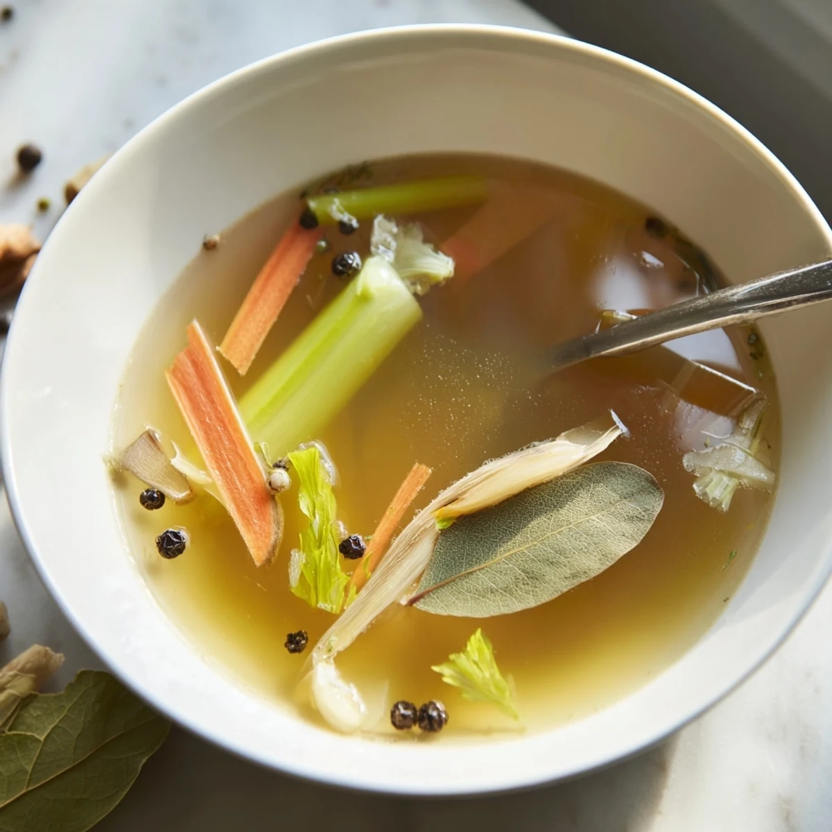 A steaming pot of homemade Vegetable Broth From Scraps, simmered with bay leaves, peppercorns, and fresh parsley sprigs.  