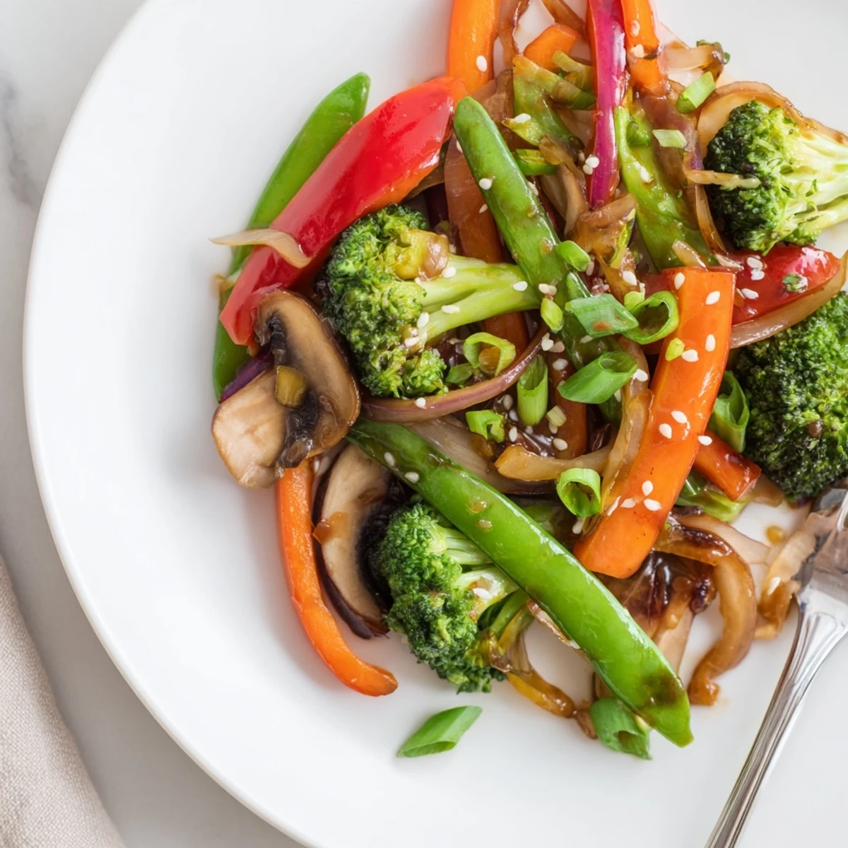 Ginger stir-fried vegetables topped with toasted sesame seeds and green onions, a colorful, crunchy Asian-inspired meal for busy weeknights.