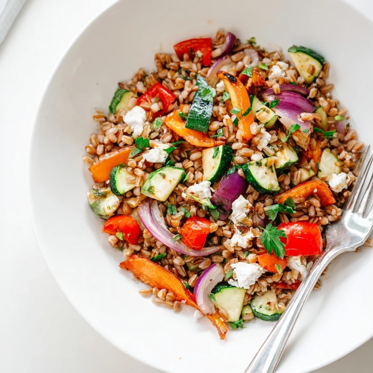 Farro With Roasted Vegetables served as a colorful main dish, with tender roasted carrots, cherry tomatoes, and a light balsamic glaze.