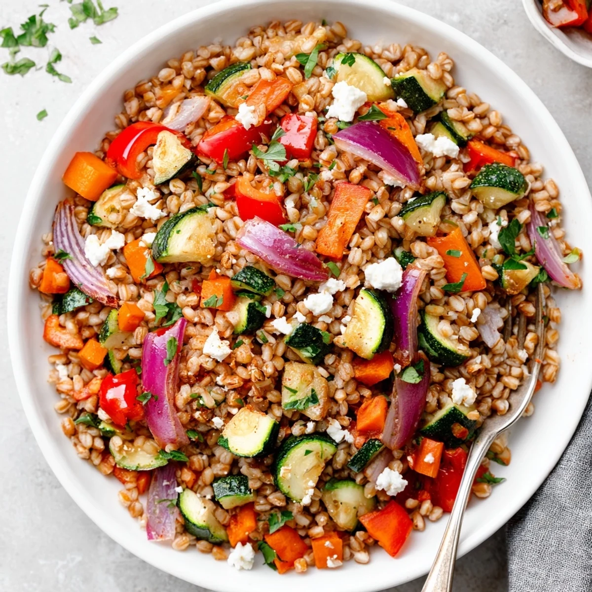 Hearty Mediterranean Farro With Roasted Vegetables plated with optional feta, fresh herbs, and glistening olive oil, ready for a wholesome dinner.