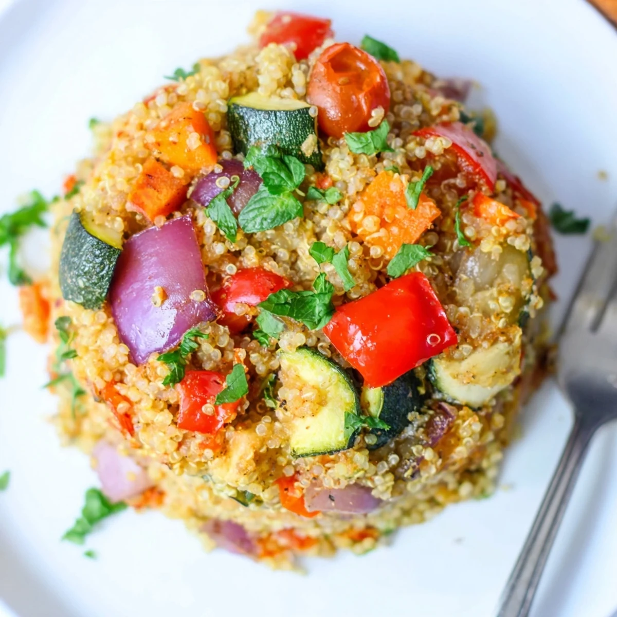 A vibrant bowl of Quinoa Vegetable Pilaf filled with roasted bell peppers, zucchini, and cherry tomatoes topped with fresh herbs and lemon.  