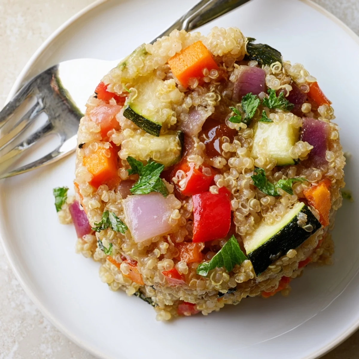 Fluffy Quinoa Vegetable Pilaf served warm as a hearty main dish, featuring golden roasted vegetables and a sprinkle of fresh parsley.  