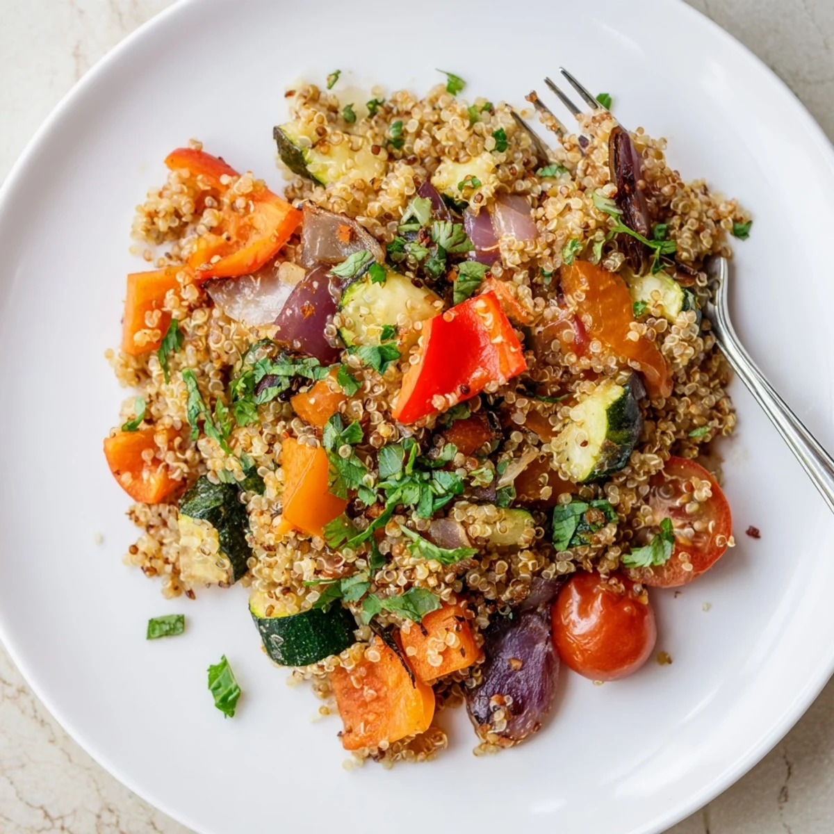 Healthy Quinoa Vegetable Pilaf with colorful seasonal vegetables, perfect as a gluten-free side or nutritious vegetarian main course.