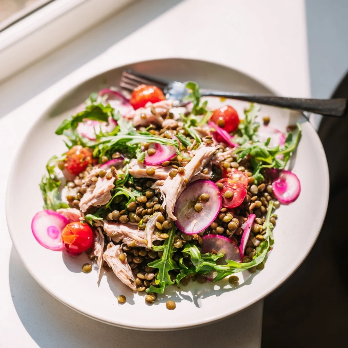 Bright green arugula and tender lentils tossed with juicy roasted chicken, topped with pickled onions and drizzled with zesty mustard dressing.