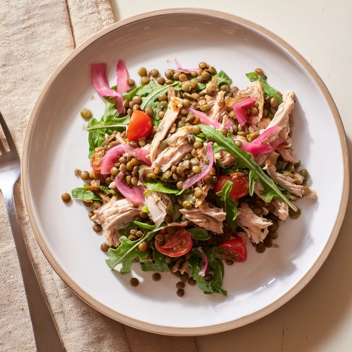 Hearty bowl of the Lentil & Chicken Spring Salad, showcasing protein-rich lentils and shredded chicken on a bed of peppery greens.